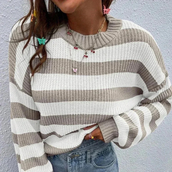 Multicolor Casual Women's Striped Pattern Drop Shoulder Sweater - Picture 6 of 8